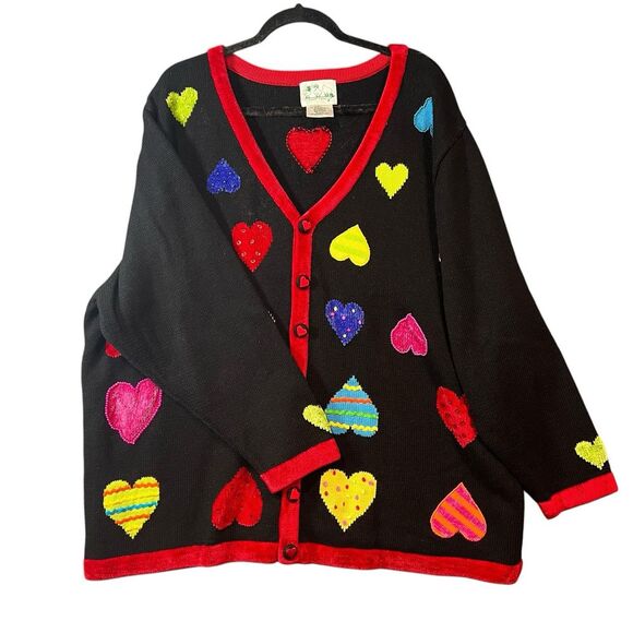 QVC  Quacker Factory Heart Print Beaded Valentines Cardigan Black / Red Size 2XL - Picture 1 of 11